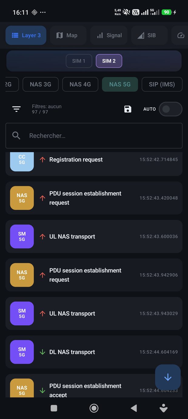HiCellTek · décodage Layer 3 NAS 5G en temps réel sur smartphone