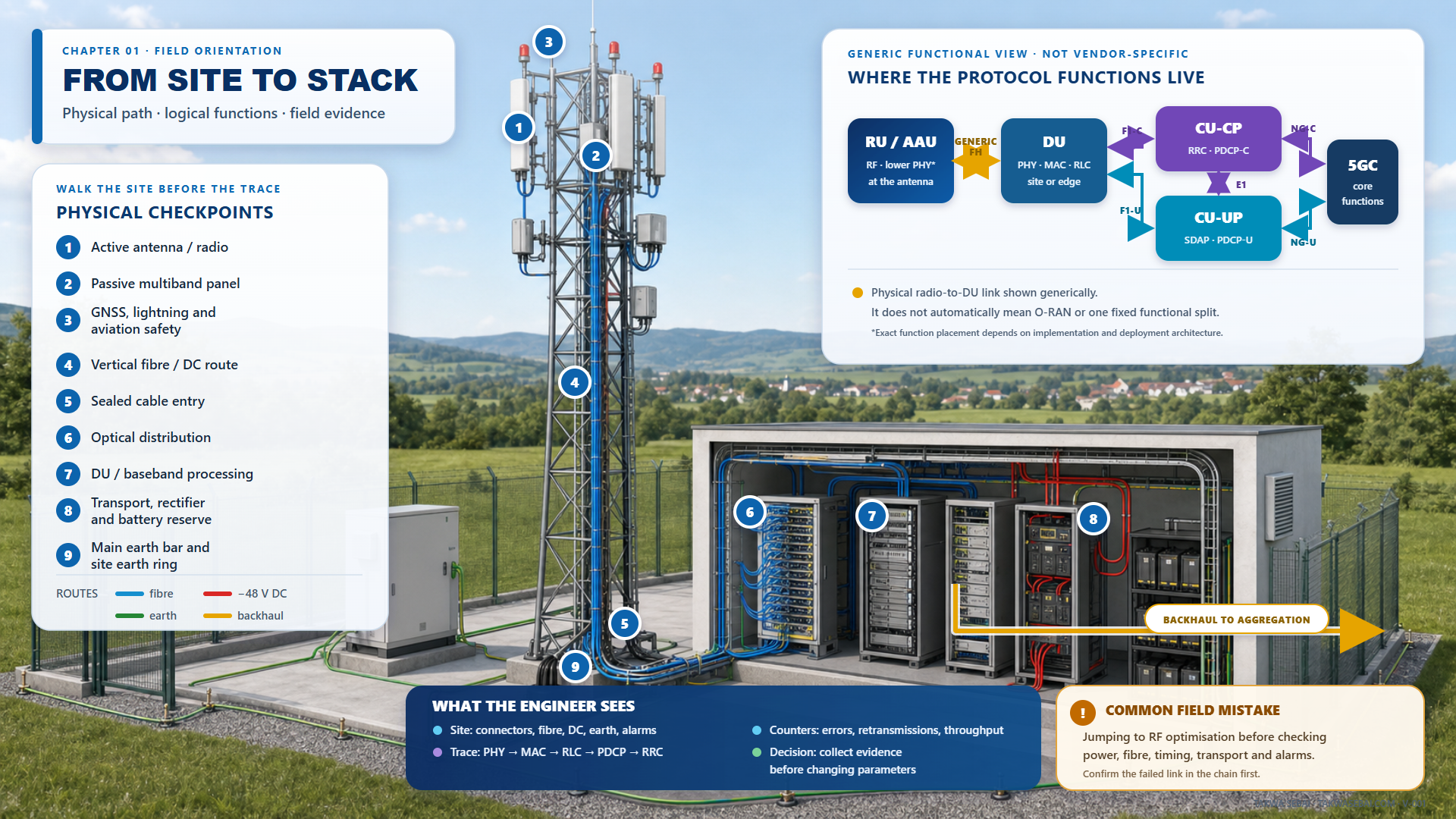 A complete 5G site mapped to the protocol stack and service path.