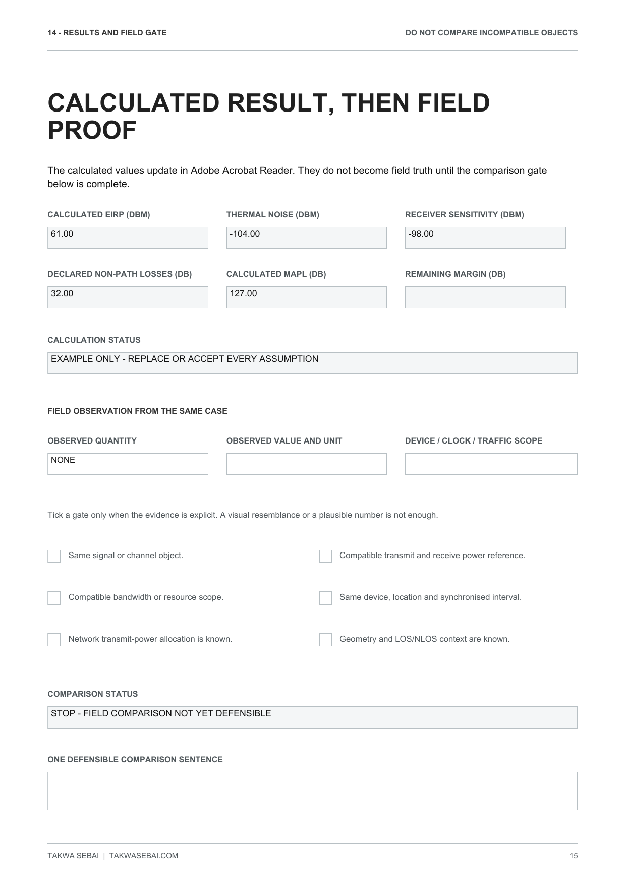 Field comparison gate page from the link budget workbook