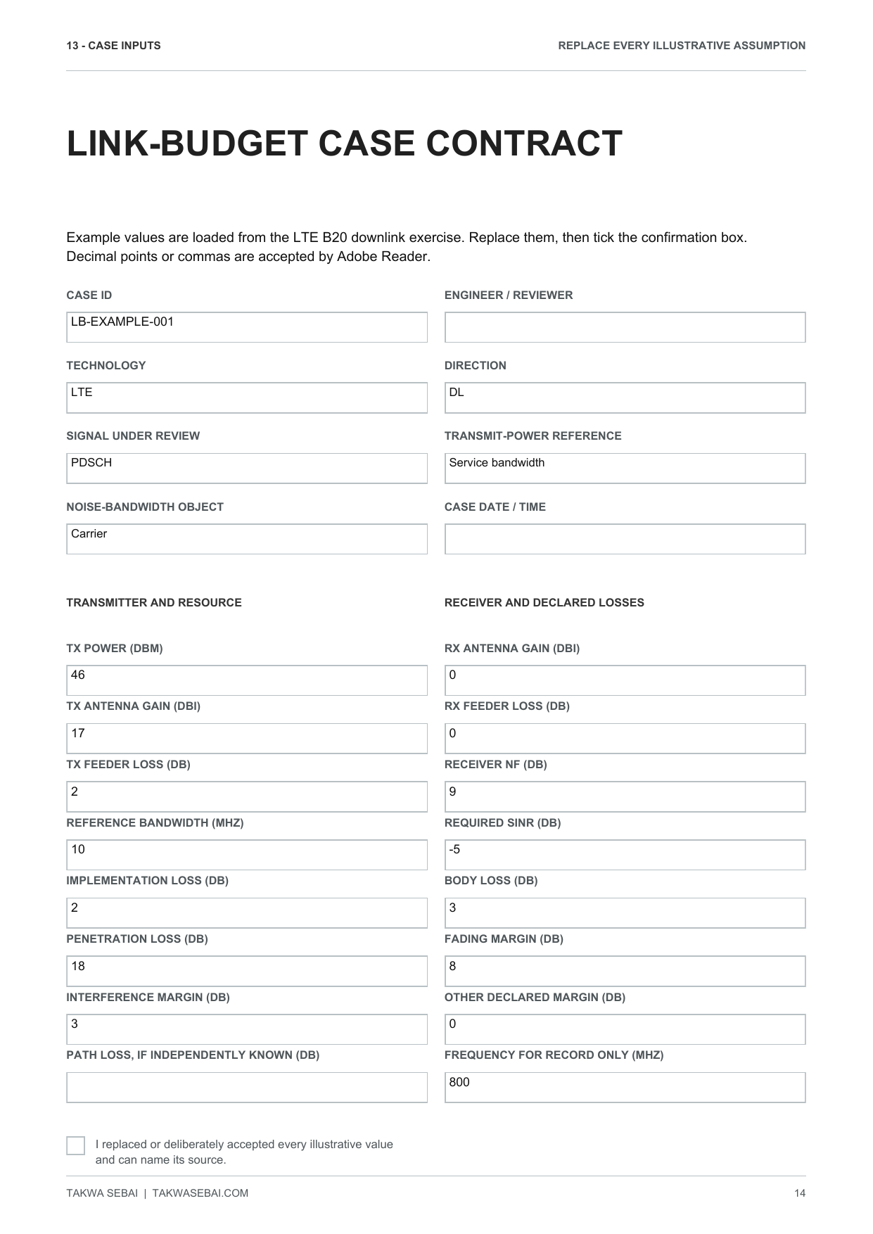 Interactive link budget calculator page with declared inputs and calculated outputs