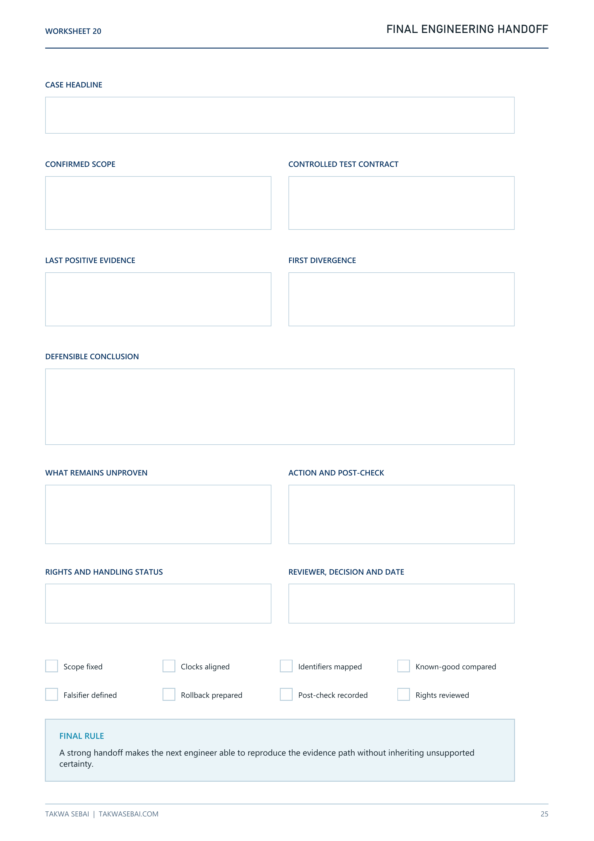 Final engineering handoff page with fields for scope, test contract, evidence, conclusion and remaining uncertainty