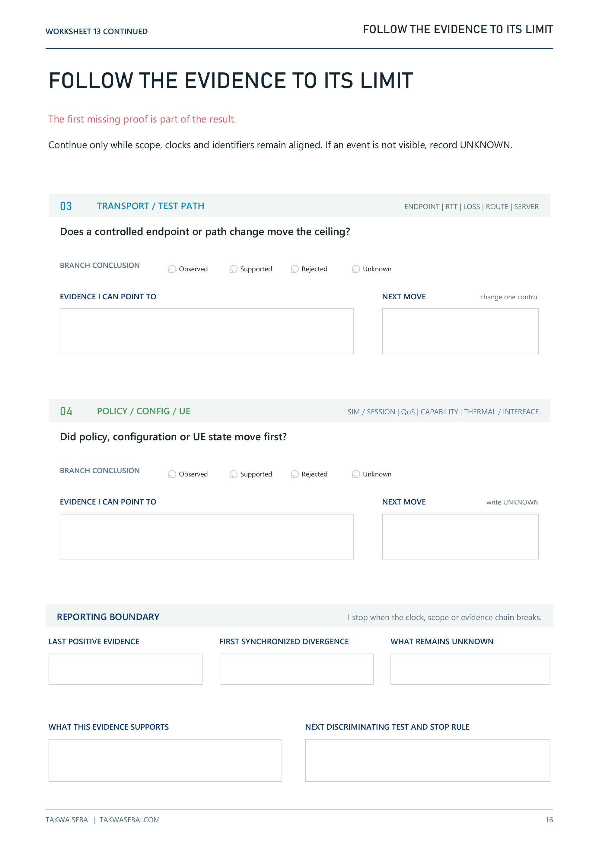 Workbook page continuing the transport, policy and reporting-boundary investigation